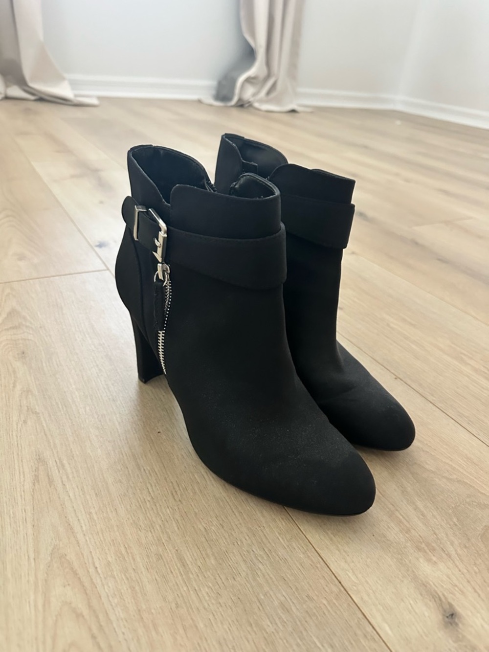 Women's Black Ankle Booties with Side Zip and Buckle